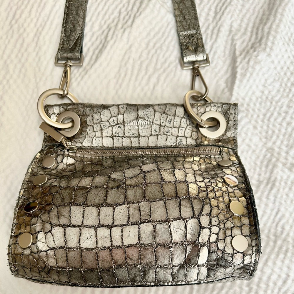 Hammitt leather silver metallic reptile crossbody bag zip closure